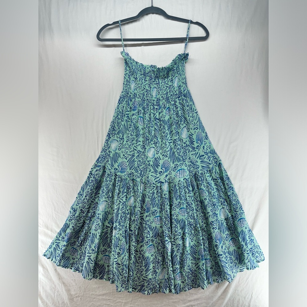 Olivia James Tiered Smocked Chest Midi Sundress Blue Green Shells Size Small